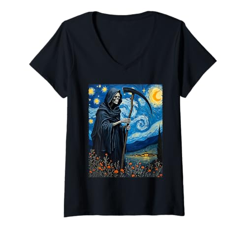 Damen Van Gogh Sternennacht Sensenmann Halloween Party Kostüm T-Shirt mit V-Ausschnitt von Funny Spooky Halloween Grim Reaper