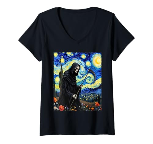 Damen Von Sensenmann Van Gogh inspiriertes Halloween-Party-Kostüm T-Shirt mit V-Ausschnitt Damen Von Sensenmann Van Gogh inspiriertes Halloween-Party-Kostüm T-Shirt mit V-Ausschnitt von Funny Spooky Halloween Grim Reaper