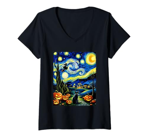 Damen Halloween-Kostüm, Fliegende Hexe, Schwarze Katze, Van Gogh T-Shirt mit V-Ausschnitt von Funny Spooky Halloween Witch Cat Lovers