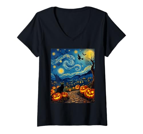Damen Halloween-Kostüm, Schwarze Katze, Van Gogh, Sternenhexe, Party-Kostüm T-Shirt mit V-Ausschnitt von Funny Spooky Halloween Witch Cat Lovers