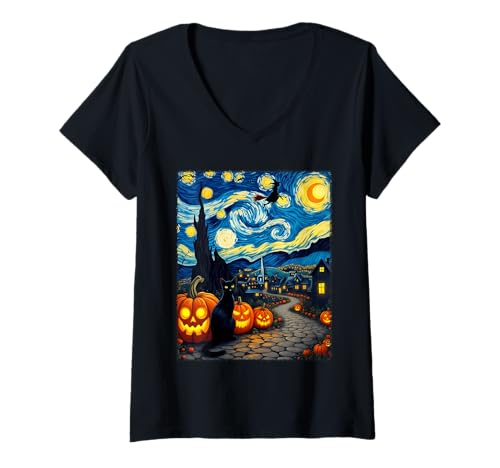 Damen Halloween Van Gogh Schwarze Katze Hexe Kürbis Party Kostüm T-Shirt mit V-Ausschnitt von Funny Spooky Halloween Witch Cat Lovers