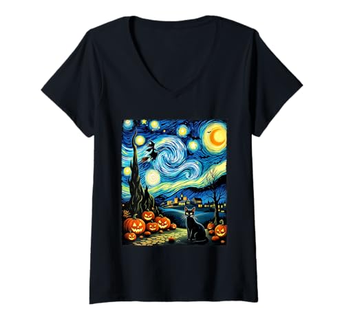 Damen Schwarze Katze Fliegende Hexe Van Gogh Halloween-Party-Kostüm T-Shirt mit V-Ausschnitt von Funny Spooky Halloween Witch Cat Lovers