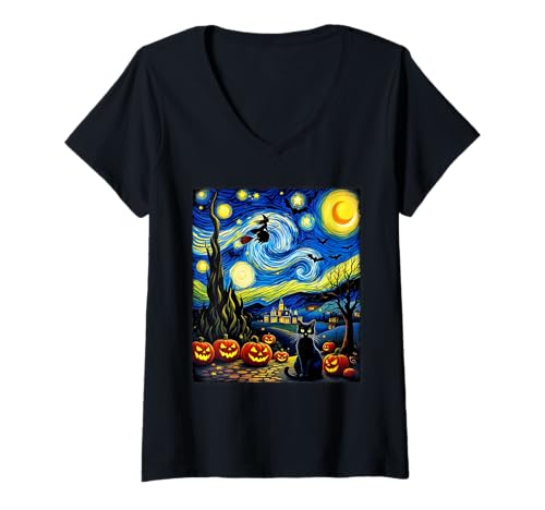 Damen Schwarze Katze Fliegende Hexe Van Gogh Sternennacht Party Kostüm T-Shirt mit V-Ausschnitt von Funny Spooky Halloween Witch Cat Lovers
