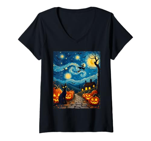 Damen Schwarze Katze Van Gogh Halloween Gothic Hexe Party Kostüm T-Shirt mit V-Ausschnitt von Funny Spooky Halloween Witch Cat Lovers