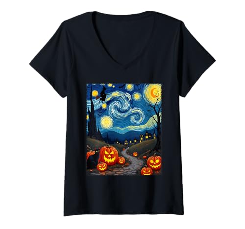 Damen Schwarze Katze Van Gogh Halloween Hexe Nachthimmel Party Kostüm T-Shirt mit V-Ausschnitt von Funny Spooky Halloween Witch Cat Lovers