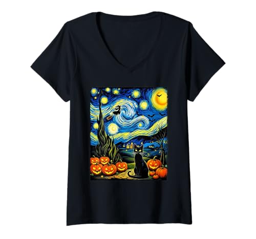 Damen Schwarze Katze Van Gogh Halloween Spuknacht Party Kostüm T-Shirt mit V-Ausschnitt von Funny Spooky Halloween Witch Cat Lovers