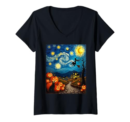 Damen Van Gogh Halloween-Kostüm mit schwarzer Katze T-Shirt mit V-Ausschnitt von Funny Spooky Halloween Witch Cat Lovers