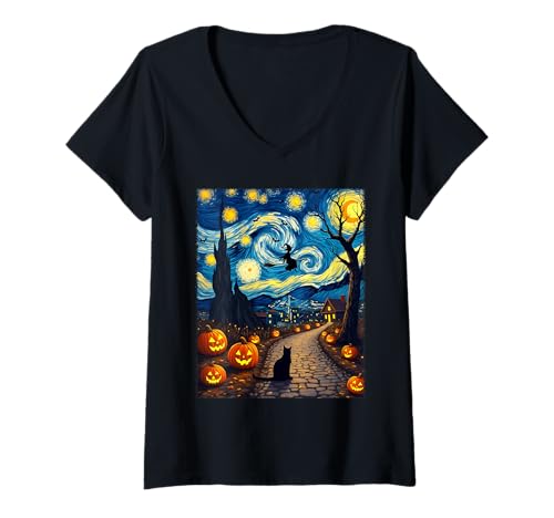 Damen Van Gogh Halloween-Kostüm mit schwarzer Katze und Fliegender Hexe T-Shirt mit V-Ausschnitt von Funny Spooky Halloween Witch Cat Lovers