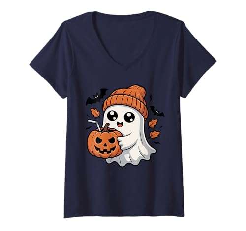Damen Süßer Geist Kaffee Mütze Cartoon Halloween Gruselige Geister T-Shirt mit V-Ausschnitt von Funny Spooky Halloween