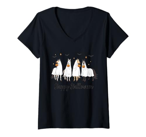 Damen Happy Halloween 2025 Kostüm Gruseliges Pferd Geisterliebhaber niedlich T-Shirt mit V-Ausschnitt Damen Happy Halloween 2025 Kostüm Gruseliges Pferd Geisterliebhaber niedlich T-Shirt mit V-Ausschnitt von Funny Spooky Horse Ghost Cute Outfit for Halloween