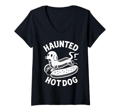 Damen Haunted Hotdog Dackel Ghost Weiner Halloween T-Shirt mit V-Ausschnitt Damen Haunted Hotdog Dackel Ghost Weiner Halloween T-Shirt mit V-Ausschnitt von Funny Spooky Hotdog Ghost Dachshund Dog Lover
