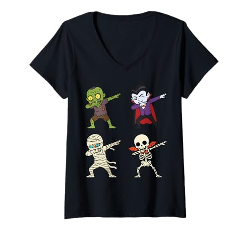 Damen Halloween Zombie Vampir Geist Skelett Mummy Dab T-Shirt mit V-Ausschnitt Damen Halloween Zombie Vampir Geist Skelett Mummy Dab T-Shirt mit V-Ausschnitt von Funny Spooky Humor Creepy Halloween Party Costumes