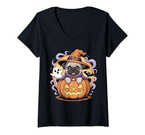 Damen Gruseliger Mops, Halloween, süßer Hexenwelpe mit Kürbis, Fledermaus, Geist T-Shirt mit V-Ausschnitt Damen Gruseliger Mops, Halloween, süßer Hexenwelpe mit Kürbis, Fledermaus, Geist T-Shirt mit V-Ausschnitt von Funny Spooky Pug Halloween Costume Gifts Idea