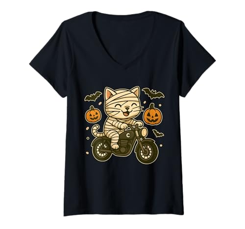 Damen Halloween Mama Katze Biker Cute Kawaii Motorrad Katzenliebhaber T-Shirt mit V-Ausschnitt Damen Halloween Mama Katze Biker Cute Kawaii Motorrad Katzenliebhaber T-Shirt mit V-Ausschnitt von Funny Spooky Pumpkin Pet Owner Halloween Costume