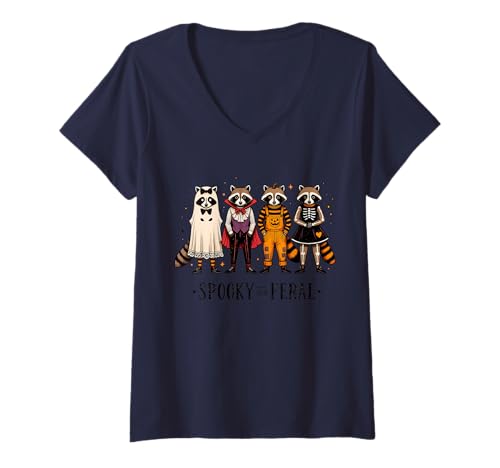 Damen Spooky and Feral Lustiger Halloween Waschbär Männer Frauen Kinder T-Shirt mit V-Ausschnitt von Funny Spooky Raccoon Lovers Halloween Apparel