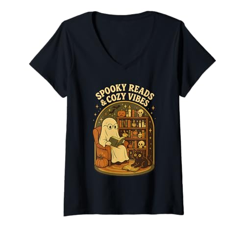 Damen Niedlicher Geist Lesebücher Liebhaber Bibliothekar Lehrer Halloween T-Shirt mit V-Ausschnitt Damen Niedlicher Geist Lesebücher Liebhaber Bibliothekar Lehrer Halloween T-Shirt mit V-Ausschnitt von Funny Spooky Read book Bookish Haunted Library Boo