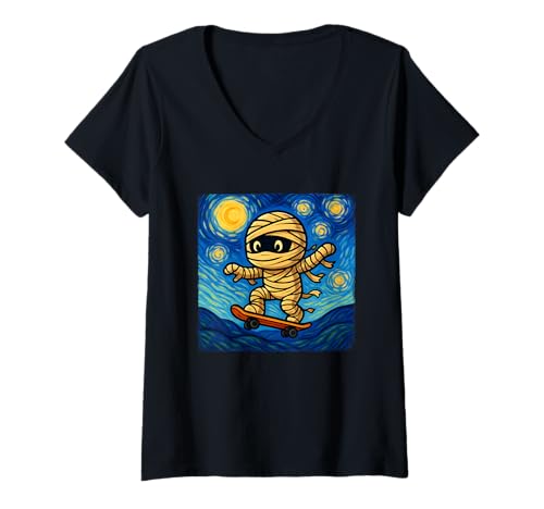 Damen Süße Mama, Skateboard, lustige Halloween-Van Gogh-Sternennacht T-Shirt mit V-Ausschnitt Damen Süße Mama, Skateboard, lustige Halloween-Van Gogh-Sternennacht T-Shirt mit V-Ausschnitt von Funny Spooky Season Halloween Costume Kids Teens
