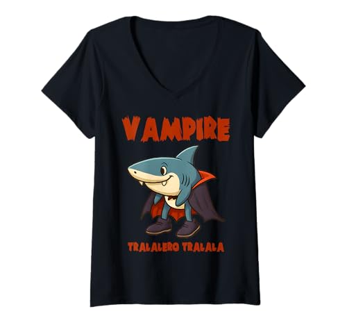 Damen Italian Brainrot Meme Tralalero Tralala Vampir Halloween T-Shirt mit V-Ausschnitt Damen Italian Brainrot Meme Tralalero Tralala Vampir Halloween T-Shirt mit V-Ausschnitt von Funny Spooky Season Halloween Costume Party Kids