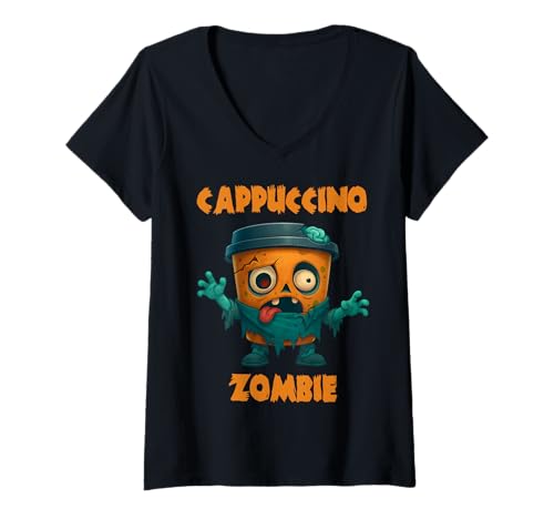 Damen Italienisches Brainrot Meme Cappuccino Assassino Zombie Halloween T-Shirt mit V-Ausschnitt Damen Italienisches Brainrot Meme Cappuccino Assassino Zombie Halloween T-Shirt mit V-Ausschnitt von Funny Spooky Season Halloween Costume Party Kids