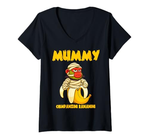 Damen Italienisches Brainrot Meme Chimpanzini Bananini Mummy Halloween T-Shirt mit V-Ausschnitt Damen Italienisches Brainrot Meme Chimpanzini Bananini Mummy Halloween T-Shirt mit V-Ausschnitt von Funny Spooky Season Halloween Costume Party Kids