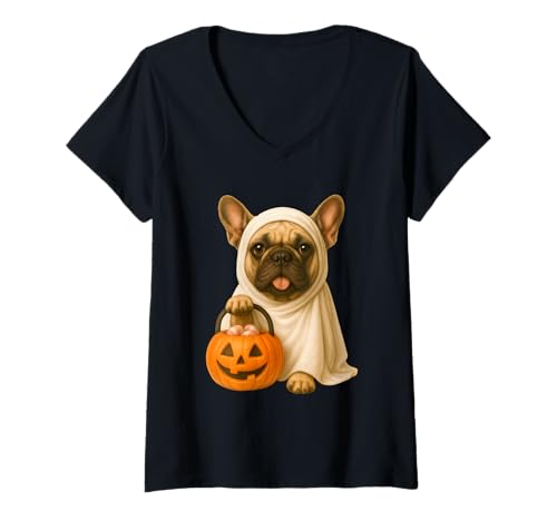 Damen Süßer Halloween Frenchie Ghost Dog Kürbis Französische Bulldogge T-Shirt mit V-Ausschnitt Damen Süßer Halloween Frenchie Ghost Dog Kürbis Französische Bulldogge T-Shirt mit V-Ausschnitt von Funny Spooky Season Pet Owner Costume Dog Lover
