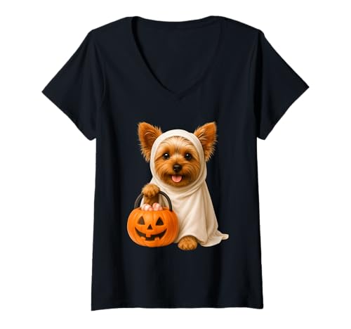 Damen Süßer Halloween-Yorkie-Geisterhund Yorkshire Terrier Kürbis T-Shirt mit V-Ausschnitt Damen Süßer Halloween-Yorkie-Geisterhund Yorkshire Terrier Kürbis T-Shirt mit V-Ausschnitt von Funny Spooky Season Pet Owner Costume Dog Lover