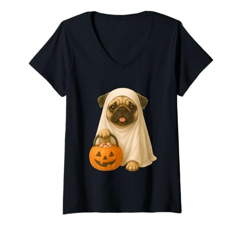 Damen Süßes Halloween-Kostüm Mops Geist Kürbis Welpe Hundeliebhaber T-Shirt mit V-Ausschnitt Damen Süßes Halloween-Kostüm Mops Geist Kürbis Welpe Hundeliebhaber T-Shirt mit V-Ausschnitt von Funny Spooky Season Pet Owner Costume Dog Lover