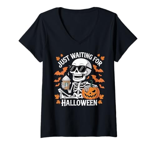 Damen Just Waiting for Halloween Skelett Kaffee Kürbis T-Shirt mit V-Ausschnitt von Funny Spooky Skeleton Halloween Coffee Lover