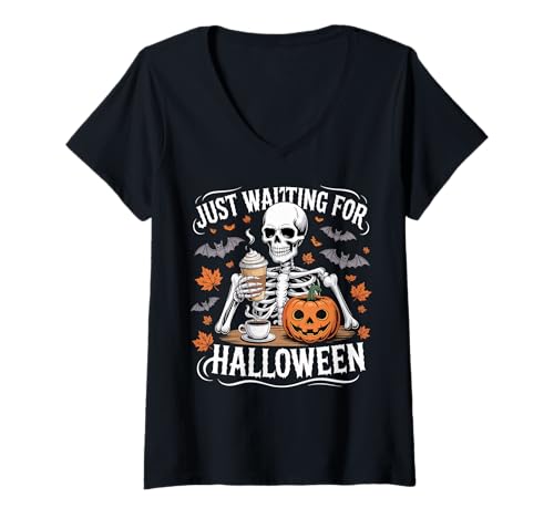 Damen Just Waiting for Halloween Skelett Kaffee Kürbis T-Shirt mit V-Ausschnitt Damen Just Waiting for Halloween Skelett Kaffee Kürbis T-Shirt mit V-Ausschnitt von Funny Spooky Skeleton Halloween Coffee Lover