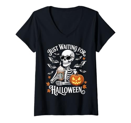 Damen Just Waiting for Halloween Skelett Kaffee Kürbis T-Shirt mit V-Ausschnitt von Funny Spooky Skeleton Halloween Coffee Lover