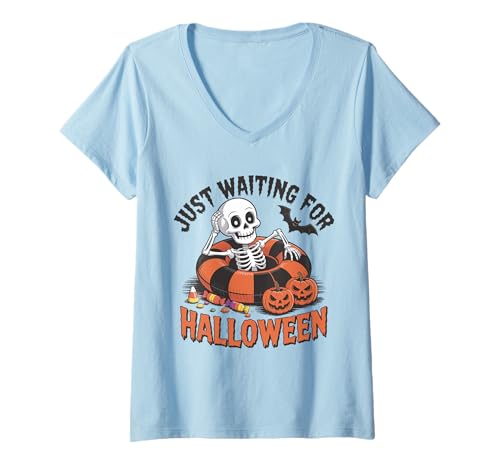 Damen Lustiges Skelett, gruseliges Summerween Warten auf Halloween T-Shirt mit V-Ausschnitt Damen Lustiges Skelett, gruseliges Summerween Warten auf Halloween T-Shirt mit V-Ausschnitt von Funny Spooky Summerween Fan Gear