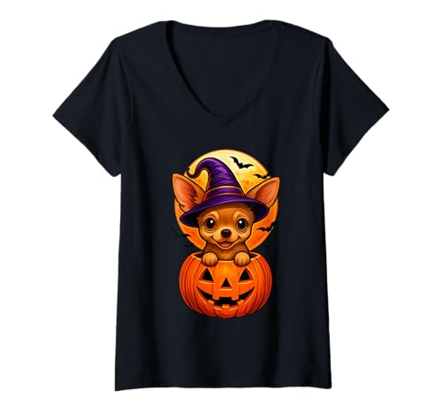 Damen Niedlicher Halloween-Chihuahua-Hund, Kürbis, Welpe, Hexe, Herbstsaison T-Shirt mit V-Ausschnitt Damen Niedlicher Halloween-Chihuahua-Hund, Kürbis, Welpe, Hexe, Herbstsaison T-Shirt mit V-Ausschnitt von Funny Spooky Witch Hat Dog Lover Halloween Costume