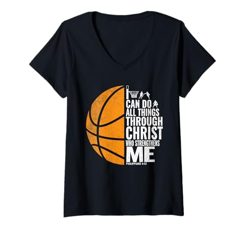 Damen Ich kann Alles durch Christ Christian Basketball T-Shirt mit V-Ausschnitt von Funny Sports Fans Shirts and Gifts