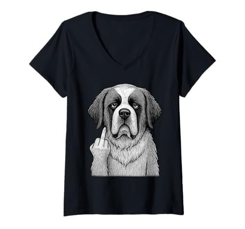 Damen Bernhardiner Mittelfinger sarkastischer Hundeliebhaber T-Shirt mit V-Ausschnitt von Funny St Bernard Flipping Off Dog Designs