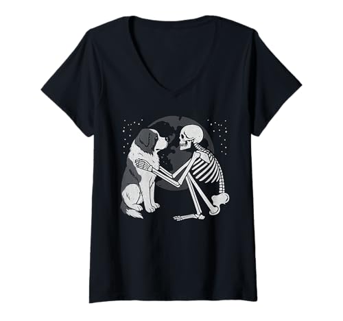 Damen Bernhardiner Skelett Mond Halloween Hundeliebhaber T-Shirt mit V-Ausschnitt Damen Bernhardiner Skelett Mond Halloween Hundeliebhaber T-Shirt mit V-Ausschnitt von Funny St Bernard Gothic Dog Designs