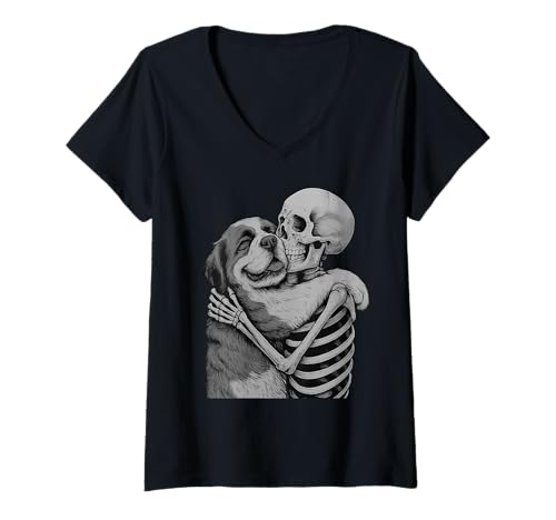 Damen Bernhardiner Skelett Umarmung Halloween Hundeliebhaber T-Shirt mit V-Ausschnitt Damen Bernhardiner Skelett Umarmung Halloween Hundeliebhaber T-Shirt mit V-Ausschnitt von Funny St Bernard Gothic Dog Designs