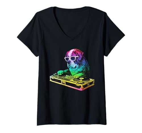 Damen Bernhardiner DJ Musik Party Hundeliebhaber T-Shirt mit V-Ausschnitt Damen Bernhardiner DJ Musik Party Hundeliebhaber T-Shirt mit V-Ausschnitt von Funny St Bernard House Music Dog Designs