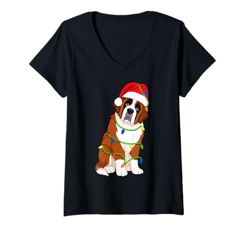 Damen Bernhardiner Weihnachtsbaum-Lichter Urlaub Hundeliebhaber T-Shirt mit V-Ausschnitt Damen Bernhardiner Weihnachtsbaum-Lichter Urlaub Hundeliebhaber T-Shirt mit V-Ausschnitt von Funny St Bernard Xmas Tree Dog Designs
