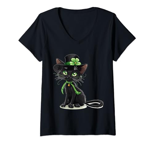 Damen Lustige schwarze Katze Happy St. Patricks Day Kobold T-Shirt mit V-Ausschnitt von Funny St Patricks Day & Leprechaun Graphics
