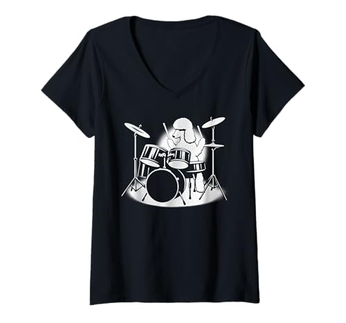 Damen Pudel spielt Trommeln Schlagzeuger Hundeliebhaber T-Shirt mit V-Ausschnitt Damen Pudel spielt Trommeln Schlagzeuger Hundeliebhaber T-Shirt mit V-Ausschnitt von Funny Standard Poodle Rock And Roll Dog Designs