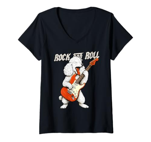Damen Pudel spielt Gitarre Rock and Roll Dog Lover T-Shirt mit V-Ausschnitt Damen Pudel spielt Gitarre Rock and Roll Dog Lover T-Shirt mit V-Ausschnitt von Funny Standard Poodle Rock Music Dog Designs