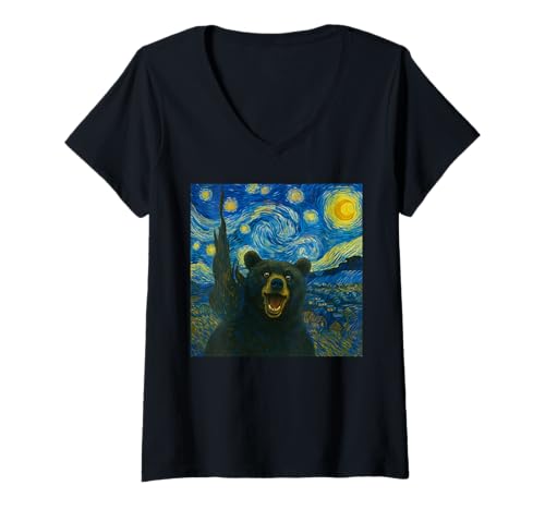Damen Süßer Bär Sternennacht Malerei Van Gogh Selfie Bär Liebhaber T-Shirt mit V-Ausschnitt von Funny Starry Night Bear Lover Graphic Apparel