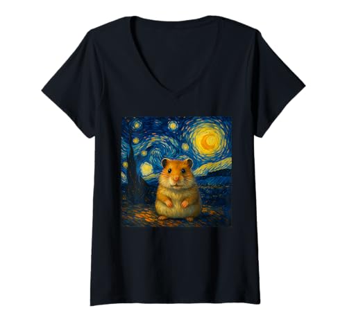 Damen Hamster Sternennacht Van Gogh Kunst für Männer Frauen Kinder T-Shirt mit V-Ausschnitt Damen Hamster Sternennacht Van Gogh Kunst für Männer Frauen Kinder T-Shirt mit V-Ausschnitt von Funny Starry Night Hamster Lover Graphic Apparel