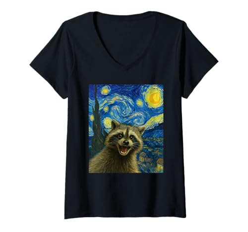 Damen Waschbär Sternennacht Malerei Van Gogh Selfie Waschbär Liebhaber T-Shirt mit V-Ausschnitt von Funny Starry Night Raccoon Lover Graphic Apparel