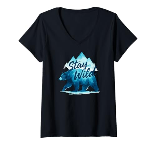 Damen Stay Wild Mountain Bear Aquarell Natur Abenteuer T-Shirt mit V-Ausschnitt von Funny Stay Wild Mountains Bear Lover
