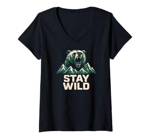 Damen Stay Wild Mountain Bear Naturabenteuer T-Shirt mit V-Ausschnitt von Funny Stay Wild Mountains Bear Lover