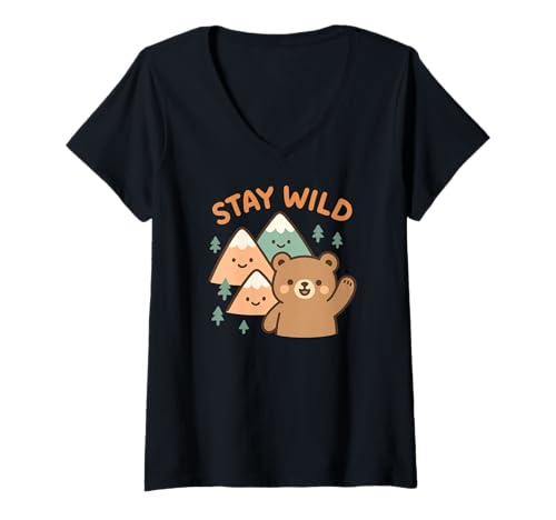 Damen Stay Wild Mountain Bear Naturabenteuer T-Shirt mit V-Ausschnitt von Funny Stay Wild Mountains Bear Lover