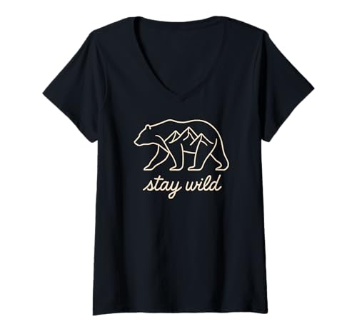 Damen Stay Wild Mountain Bear Polygon Naturabenteuer T-Shirt mit V-Ausschnitt von Funny Stay Wild Mountains Bear Lover