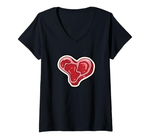 Damen Rindersteak Herz Liebhaber BBQ Fleisch Grillen Kochen T-Shirt mit V-Ausschnitt von Funny Steak Apparel for Men Women