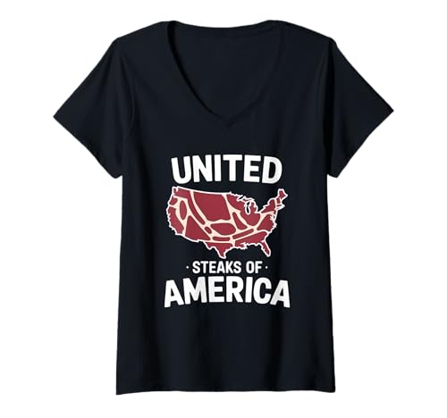 Damen Lustiger Fleischsteak-Liebhaber von United Steaks of America T-Shirt mit V-Ausschnitt Damen Lustiger Fleischsteak-Liebhaber von United Steaks of America T-Shirt mit V-Ausschnitt von Funny Steak Lover Apparel